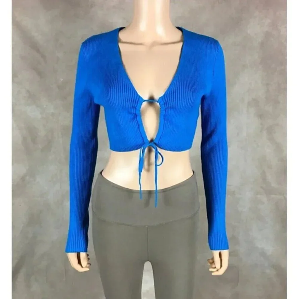 ZARA Blue Tie Front Rib Knit Crop Top Size Large